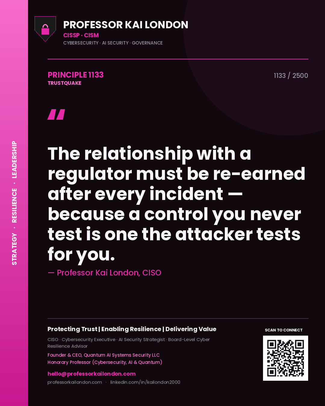 Quote card by Professor Kai London reading 'The relationship with a regulator must be re-earned after every incident — because a control you never test is one the attacker tests for you.'. From the book Trustquake.
