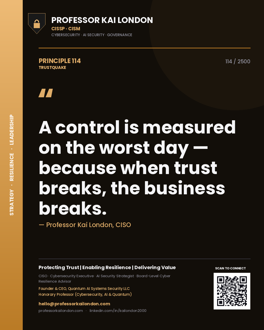 Professor Kai London principle 114: A control is measured on the worst day — because when trust breaks, the business breaks.