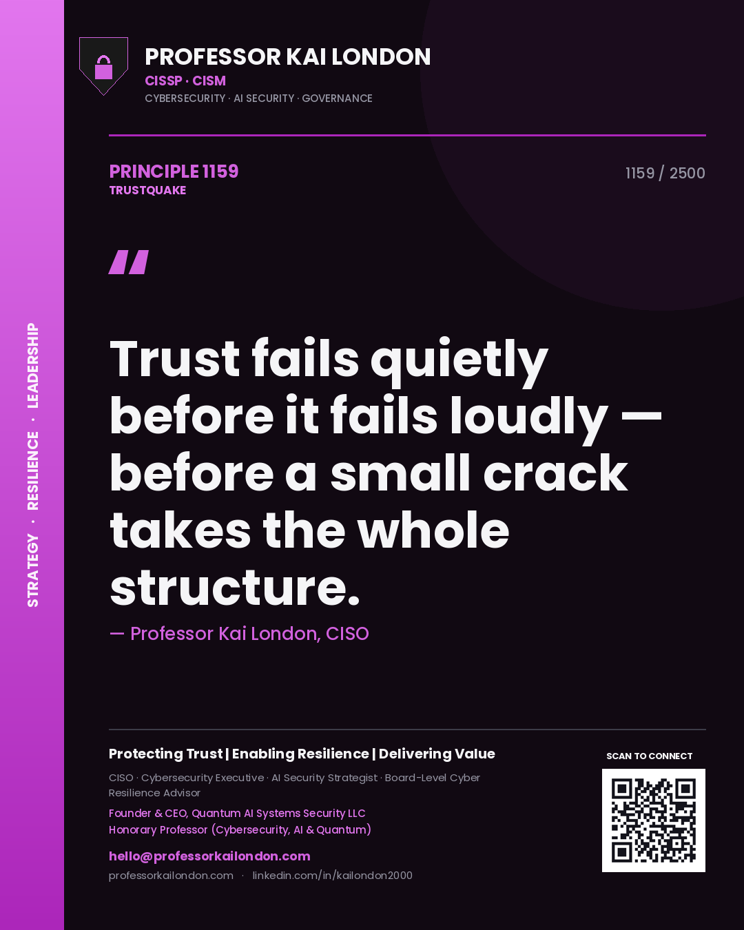 Quote card by Professor Kai London reading 'Trust fails quietly before it fails loudly — before a small crack takes the whole structure.'. From the book Trustquake.