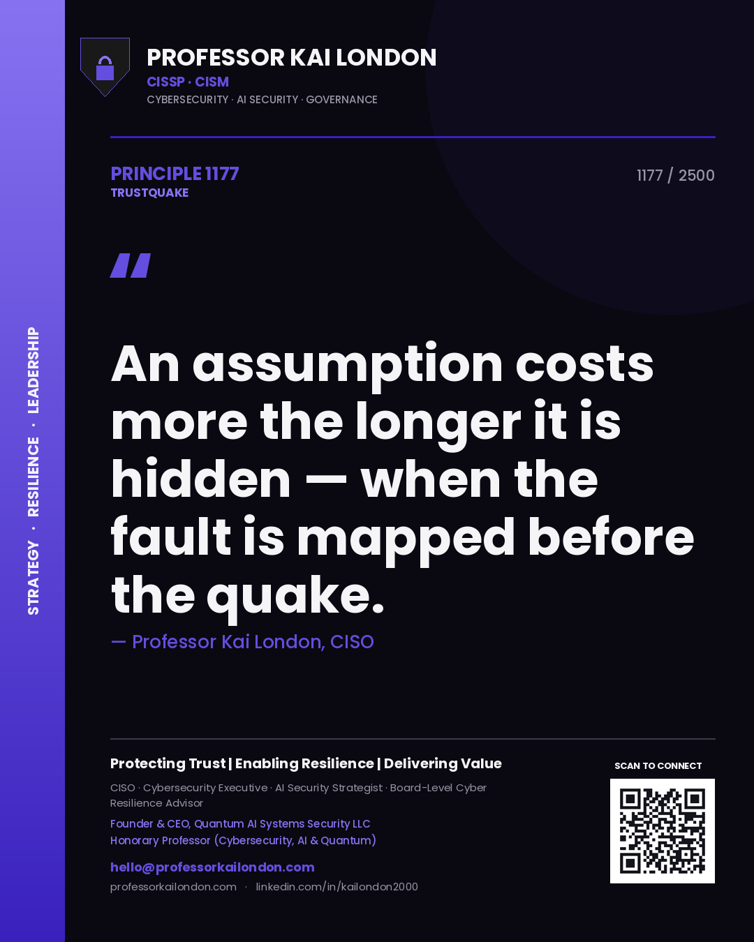 Quote card by Professor Kai London reading 'An assumption costs more the longer it is hidden — when the fault is mapped before the quake.'. From the book Trustquake.