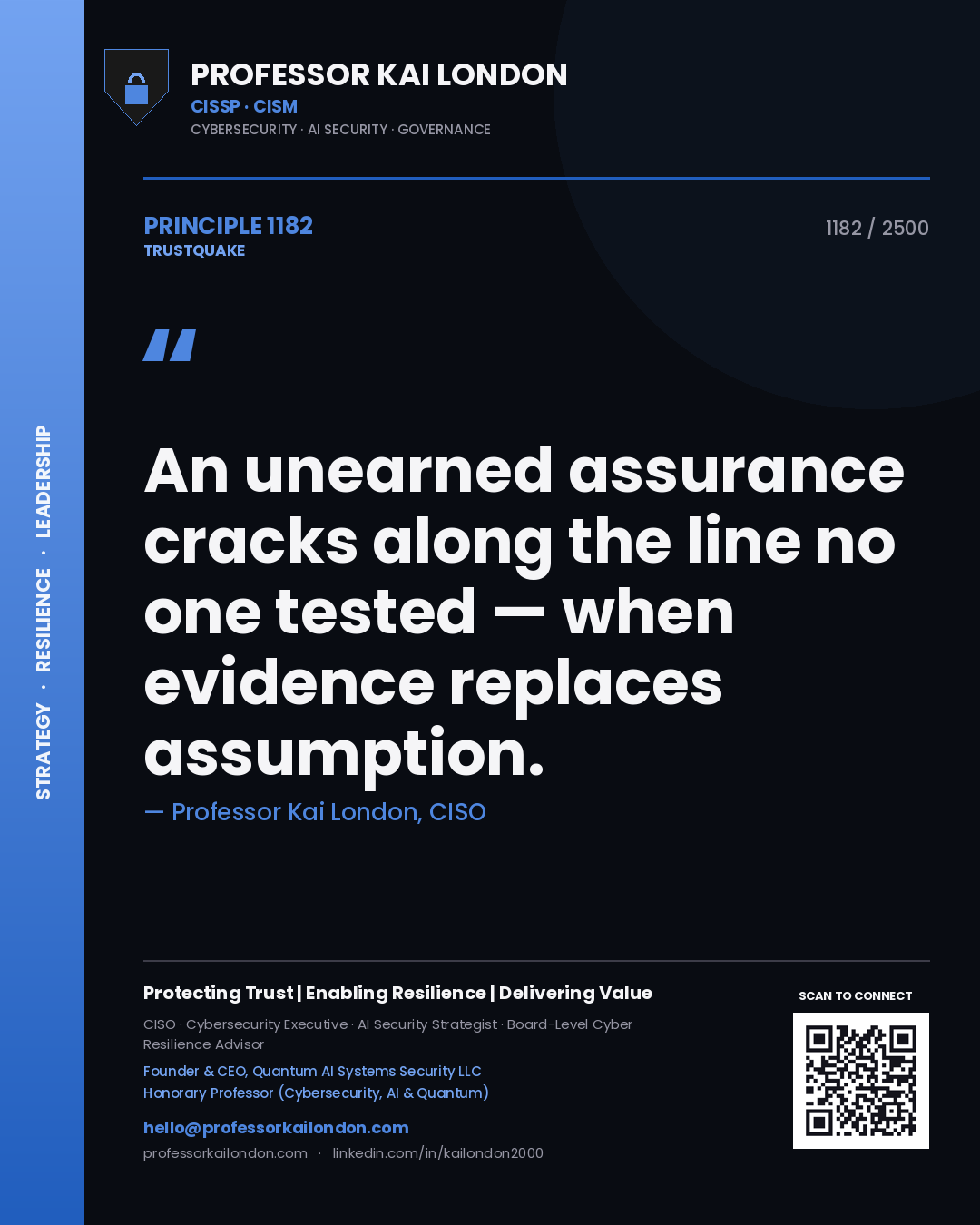Quote card by Professor Kai London reading 'An unearned assurance cracks along the line no one tested — when evidence replaces assumption.'. From the book Trustquake.