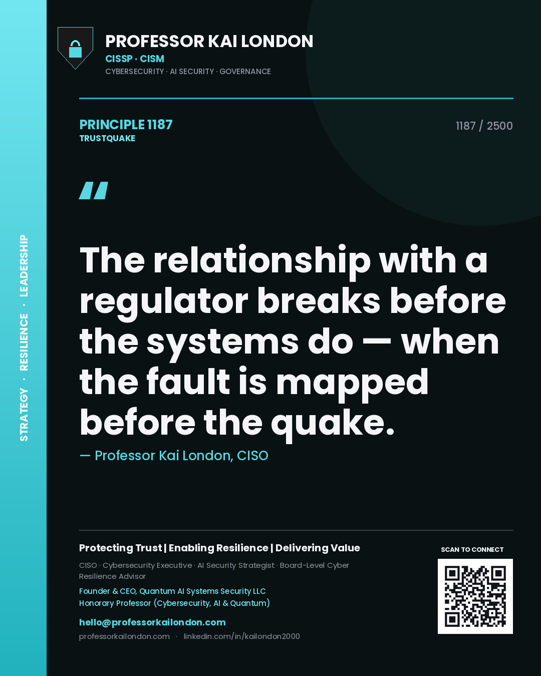 Professor Kai London principle 1187: The relationship with a regulator breaks before the systems do — when the fault is mapped before the quake.