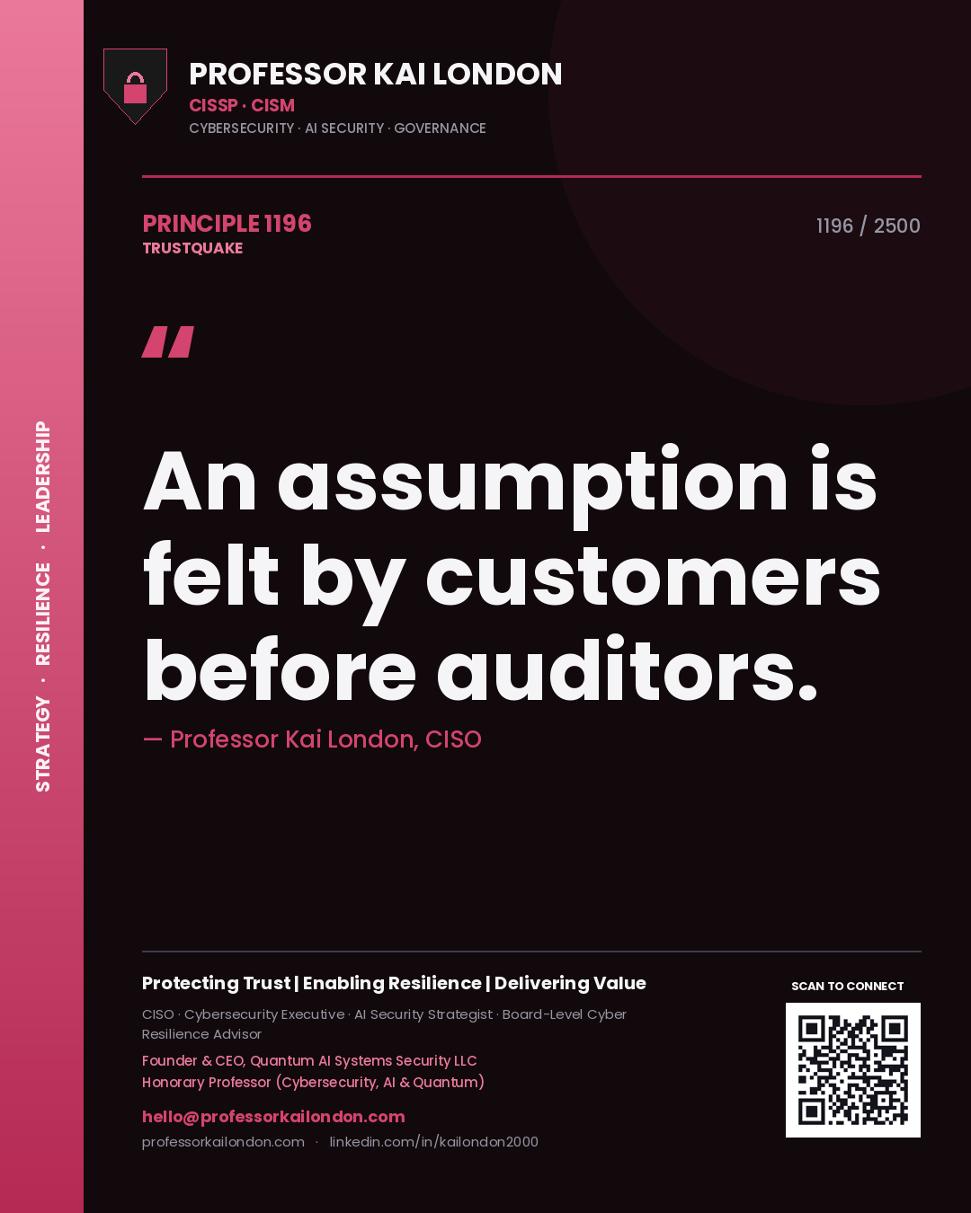 Quote card by Professor Kai London reading 'An assumption is felt by customers before auditors.'. From the book Trustquake.