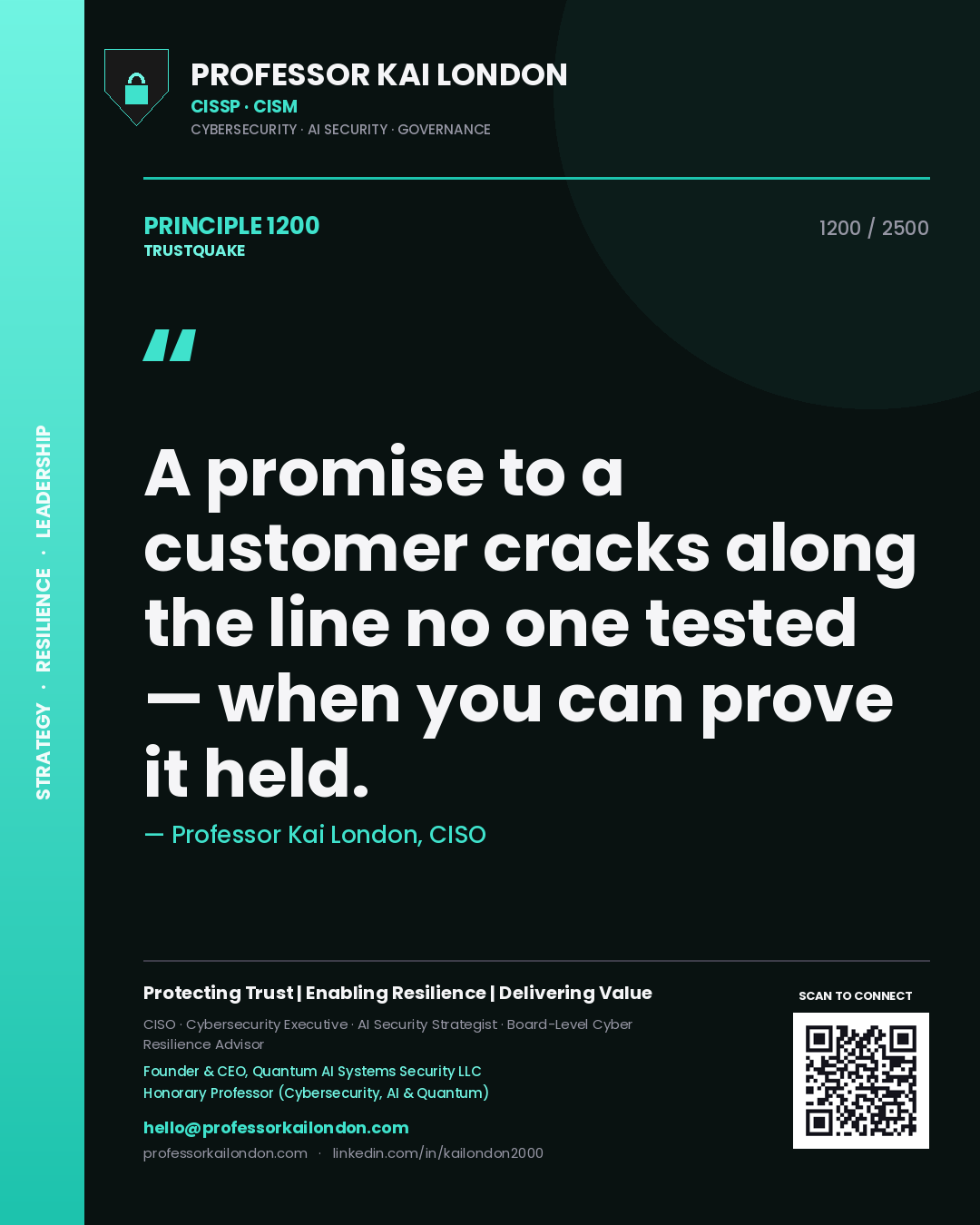 Quote card by Professor Kai London reading 'A promise to a customer cracks along the line no one tested — when you can prove it held.'. From the book Trustquake.