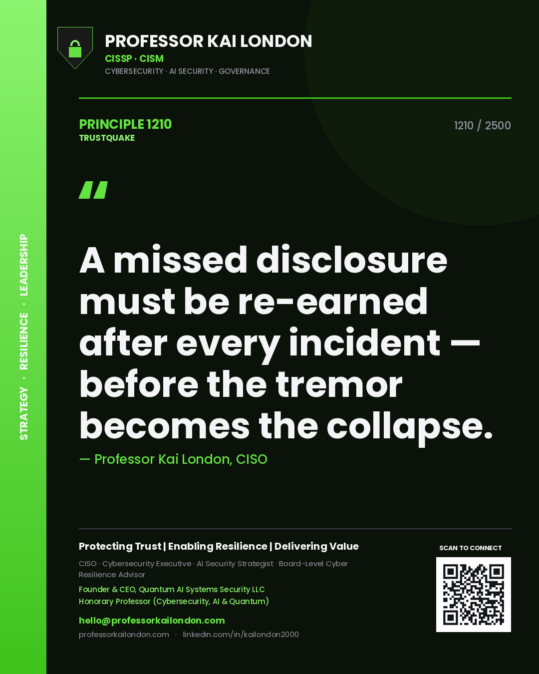 Quote card by Professor Kai London reading 'A missed disclosure must be re-earned after every incident — before the tremor becomes the collapse.'. From the book Trustquake.
