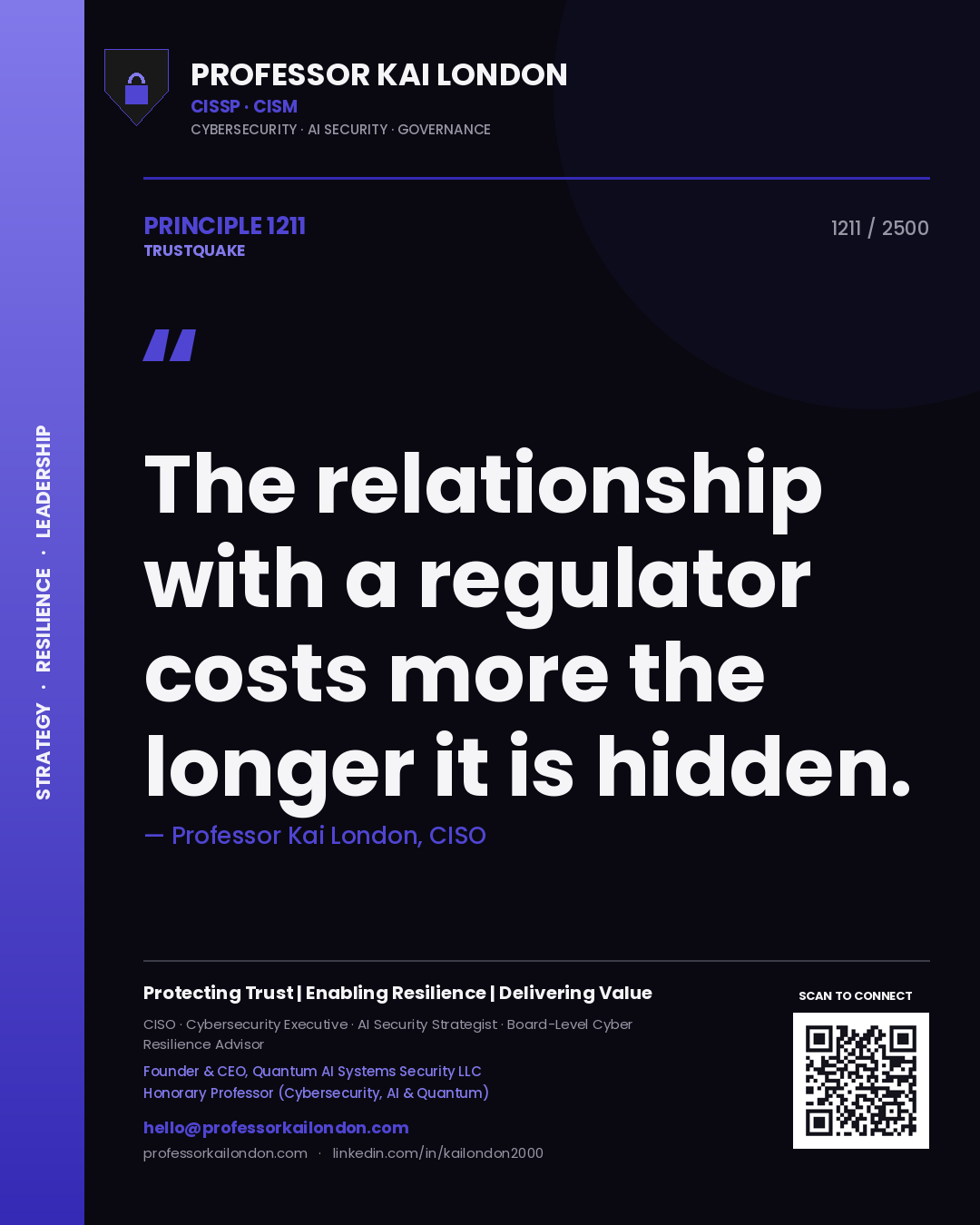 Quote card by Professor Kai London reading 'The relationship with a regulator costs more the longer it is hidden.'. From the book Trustquake.