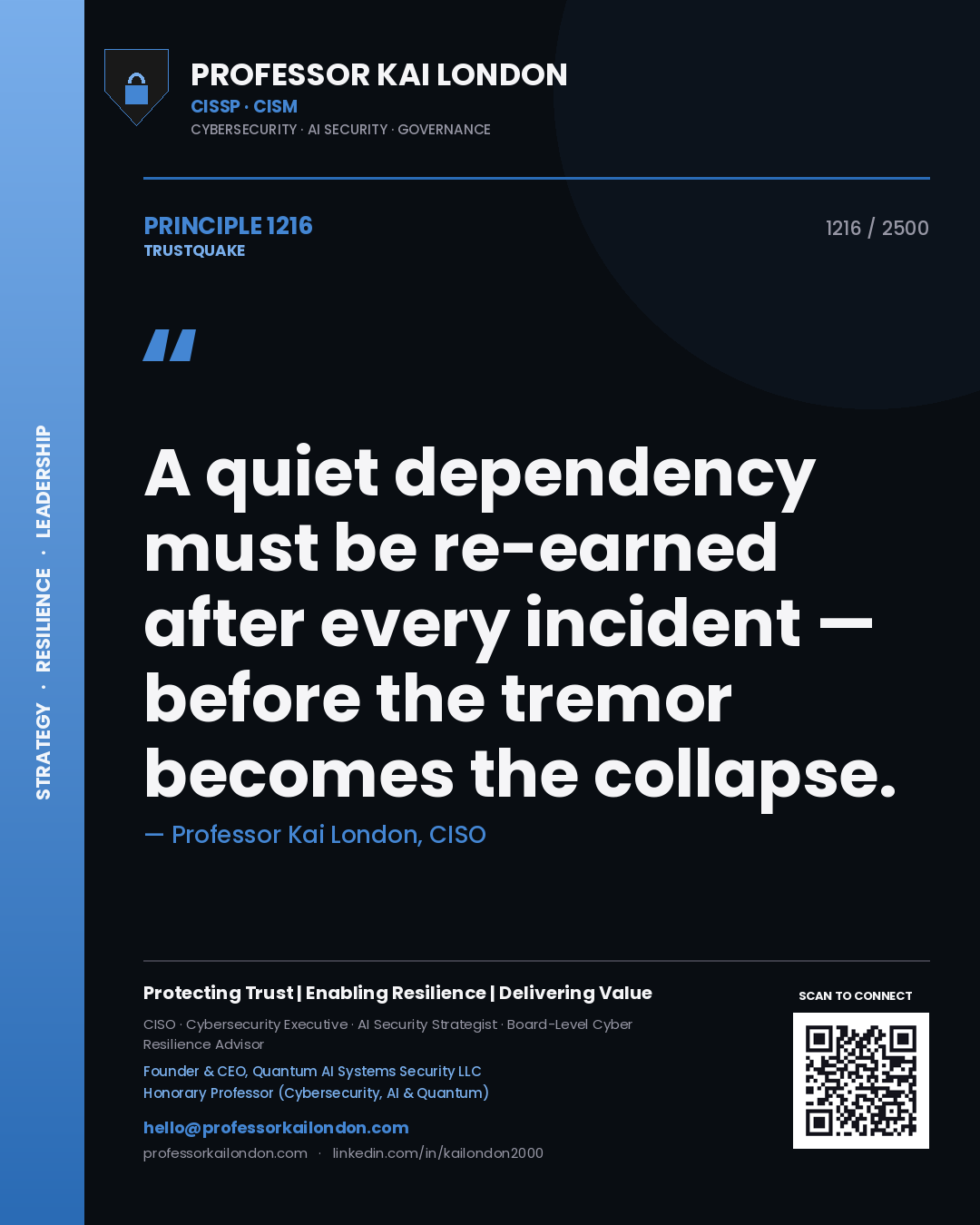Quote card by Professor Kai London reading 'A quiet dependency must be re-earned after every incident — before the tremor becomes the collapse.'. From the book Trustquake.