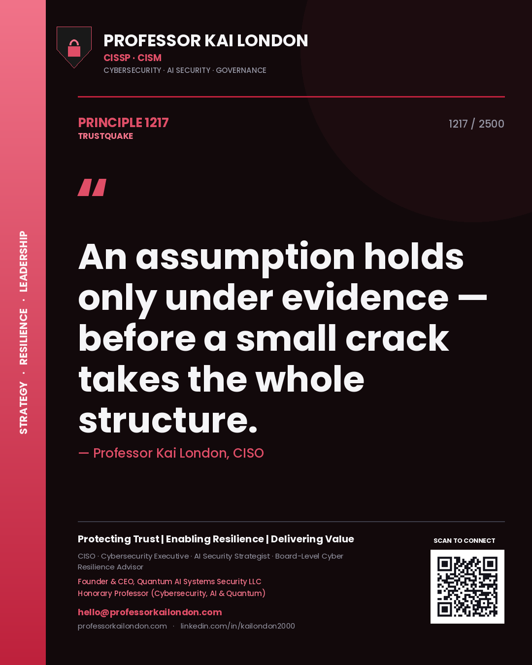 Quote card by Professor Kai London reading 'An assumption holds only under evidence — before a small crack takes the whole structure.'. From the book Trustquake.