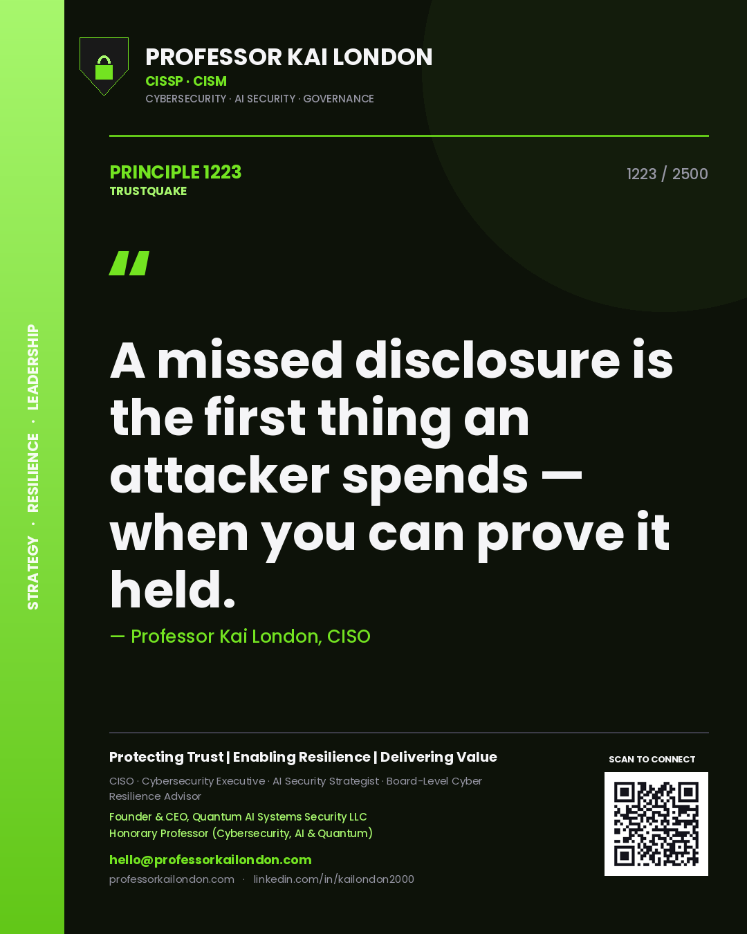 Quote card by Professor Kai London reading 'A missed disclosure is the first thing an attacker spends — when you can prove it held.'. From the book Trustquake.