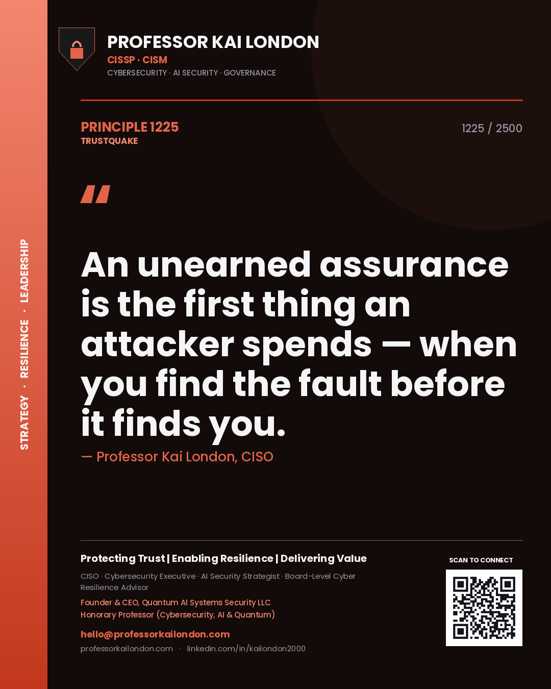 Quote card by Professor Kai London reading 'An unearned assurance is the first thing an attacker spends — when you find the fault before it finds you.'. From the book Trustquake.