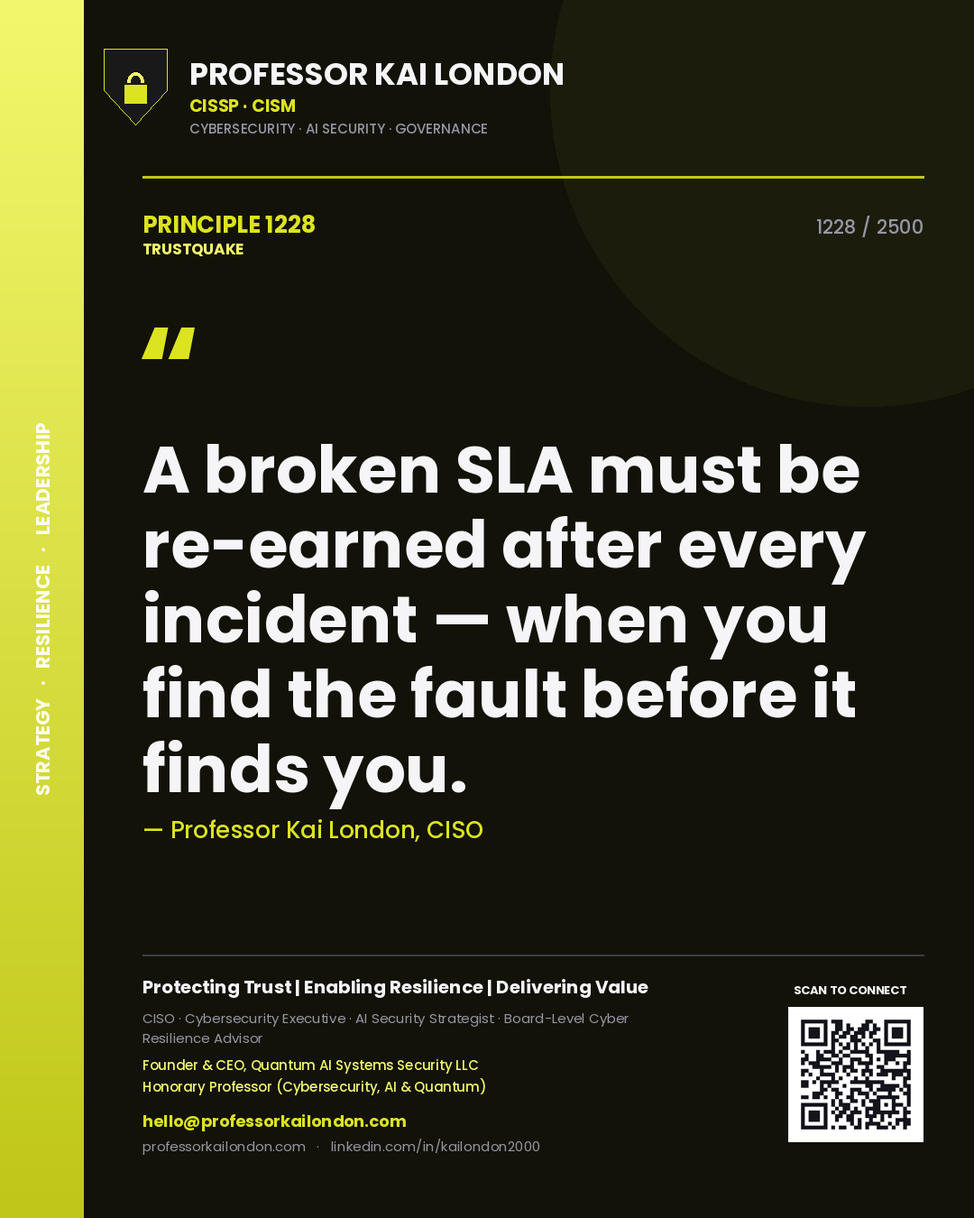 Professor Kai London principle 1228: A broken SLA must be re-earned after every incident — when you find the fault before it finds you.