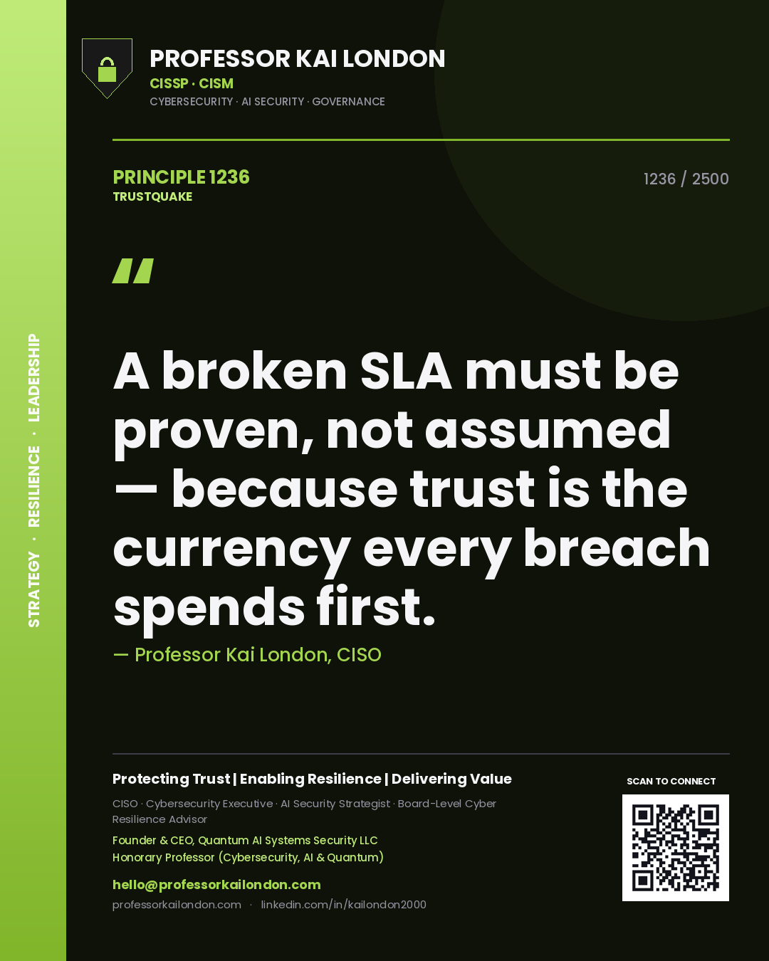 Quote card by Professor Kai London reading 'A broken SLA must be proven, not assumed — because trust is the currency every breach spends first.'. From the book Trustquake.
