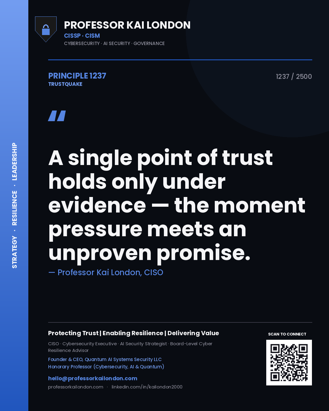 Quote card by Professor Kai London reading 'A single point of trust holds only under evidence — the moment pressure meets an unproven promise.'. From the book Trustquake.