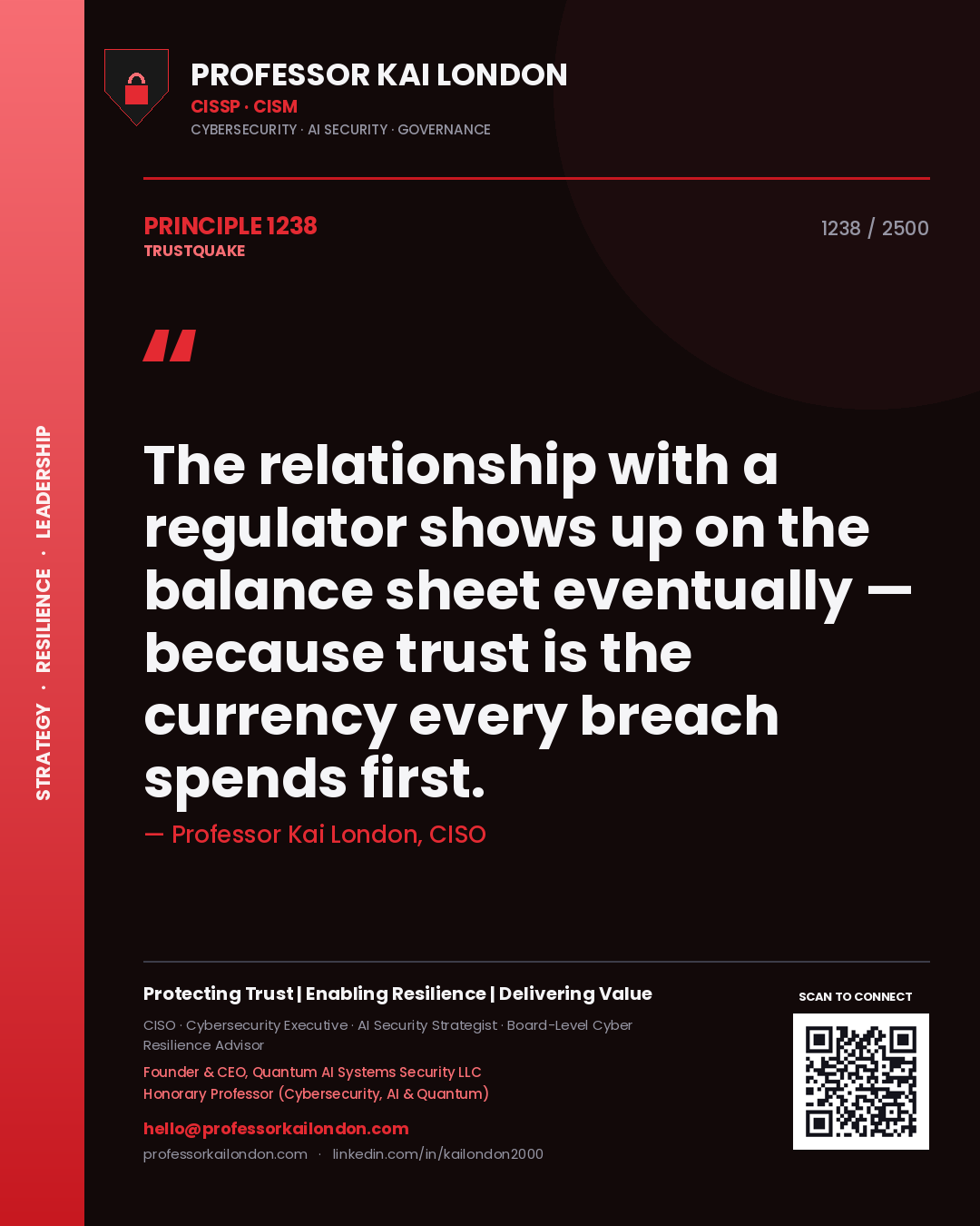 Quote card by Professor Kai London reading 'The relationship with a regulator shows up on the balance sheet eventually — because trust is the currency every breach spends first.'. From the book Trustquake.