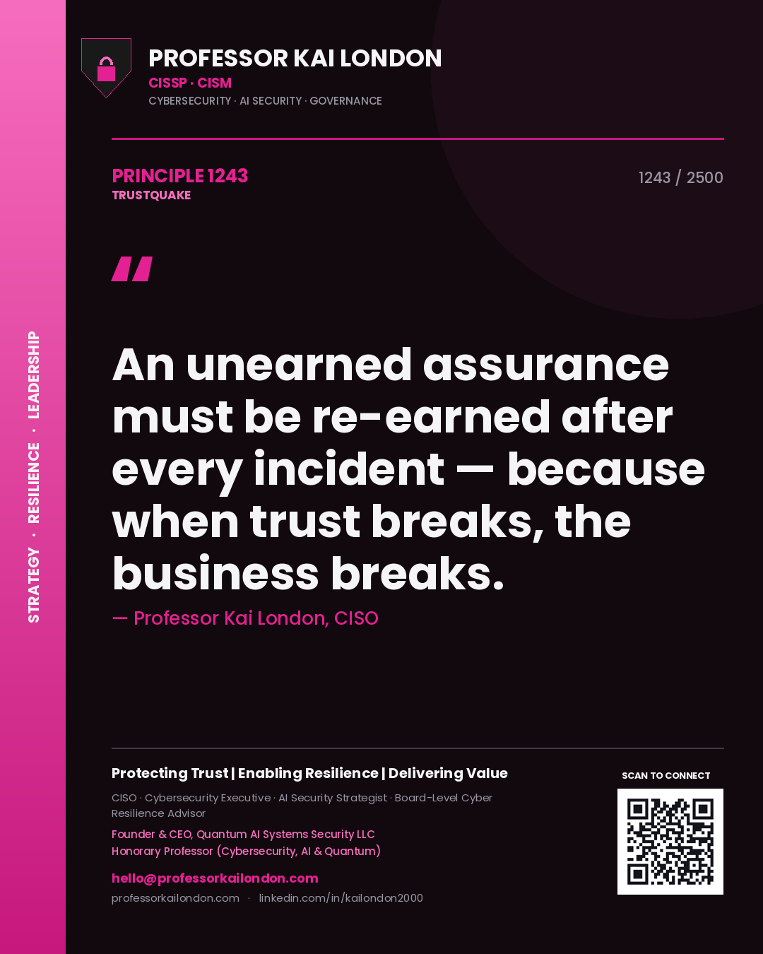 Quote card by Professor Kai London reading 'An unearned assurance must be re-earned after every incident — because when trust breaks, the business breaks.'. From the book Trustquake.