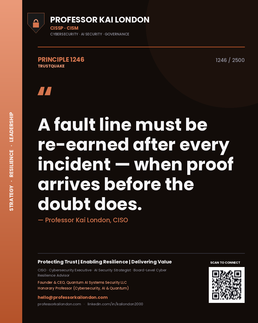 Quote card by Professor Kai London reading 'A fault line must be re-earned after every incident — when proof arrives before the doubt does.'. From the book Trustquake.