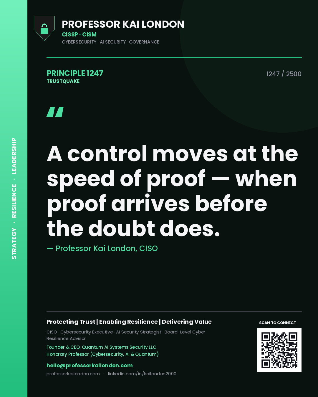 Quote card by Professor Kai London reading 'A control moves at the speed of proof — when proof arrives before the doubt does.'. From the book Trustquake.