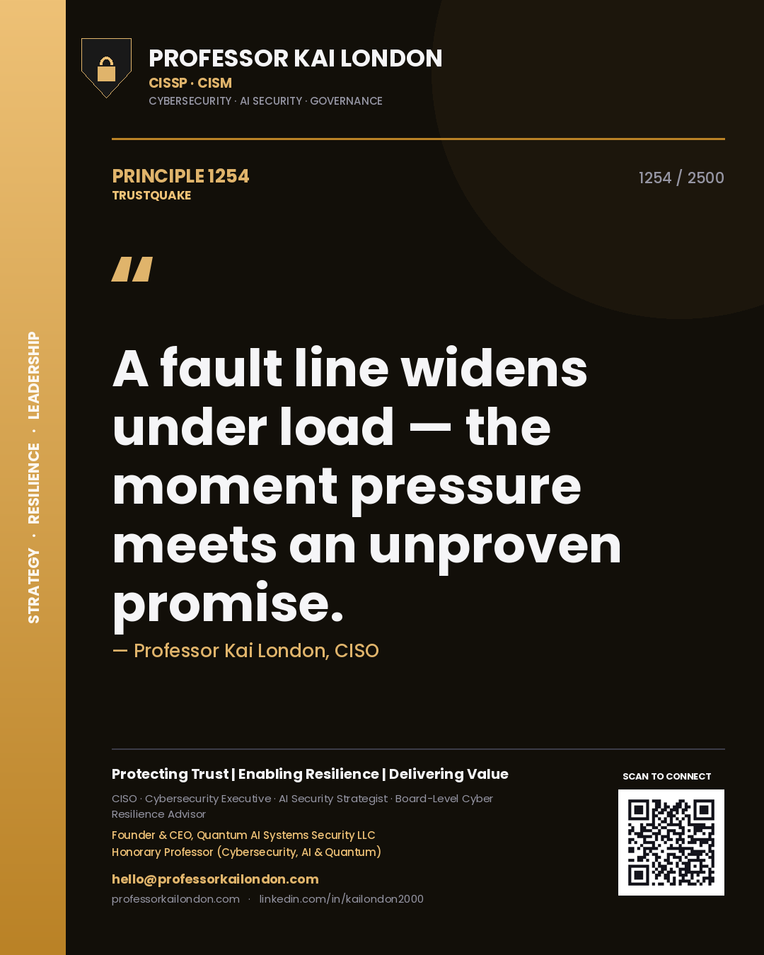 Quote card by Professor Kai London reading 'A fault line widens under load — the moment pressure meets an unproven promise.'. From the book Trustquake.