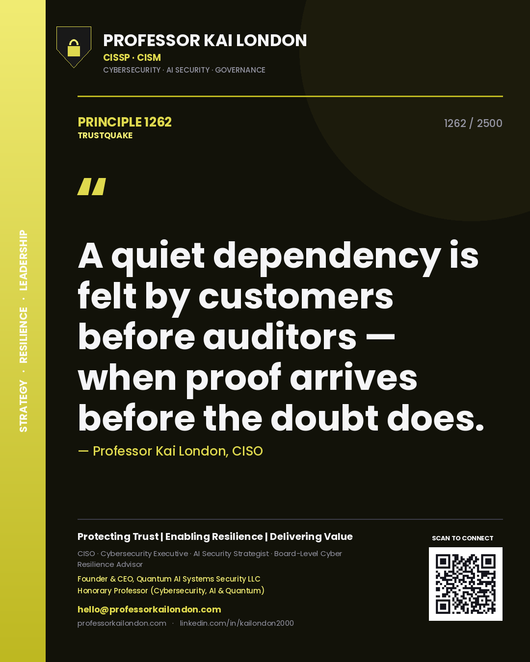 Professor Kai London principle 1262: A quiet dependency is felt by customers before auditors — when proof arrives before the doubt does.
