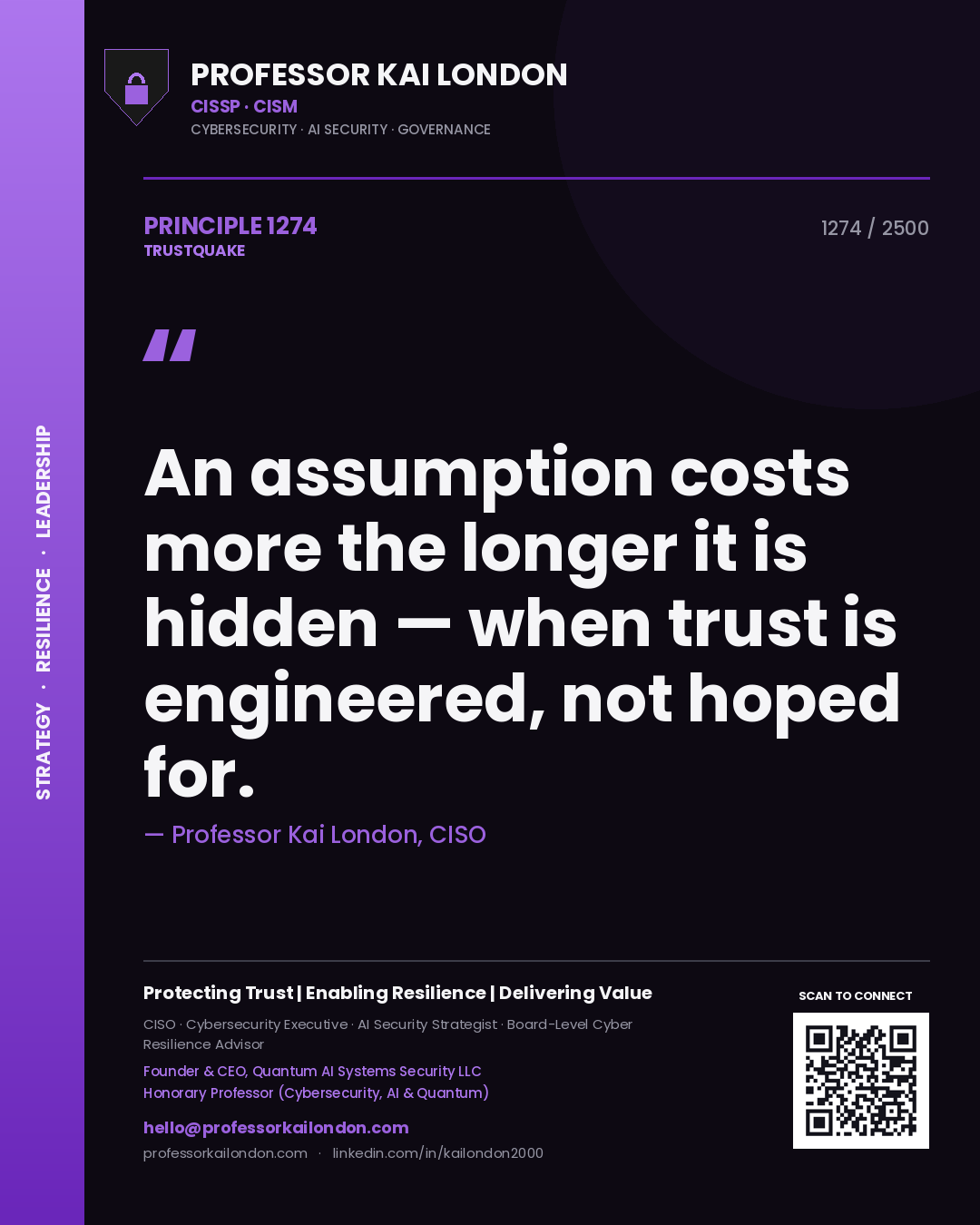 Quote card by Professor Kai London reading 'An assumption costs more the longer it is hidden — when trust is engineered, not hoped for.'. From the book Trustquake.