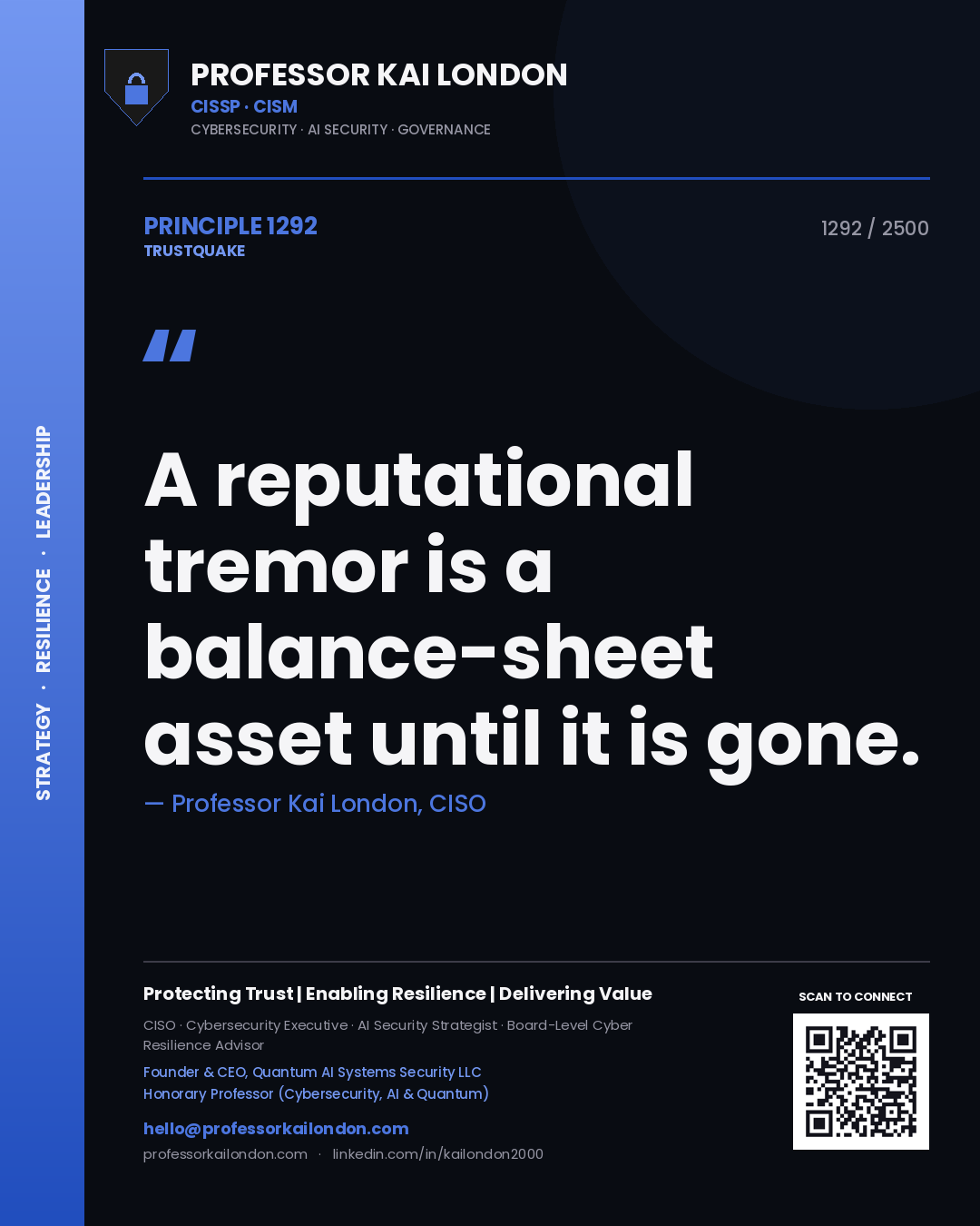 Quote card by Professor Kai London reading 'A reputational tremor is a balance-sheet asset until it is gone.'. From the book Trustquake.