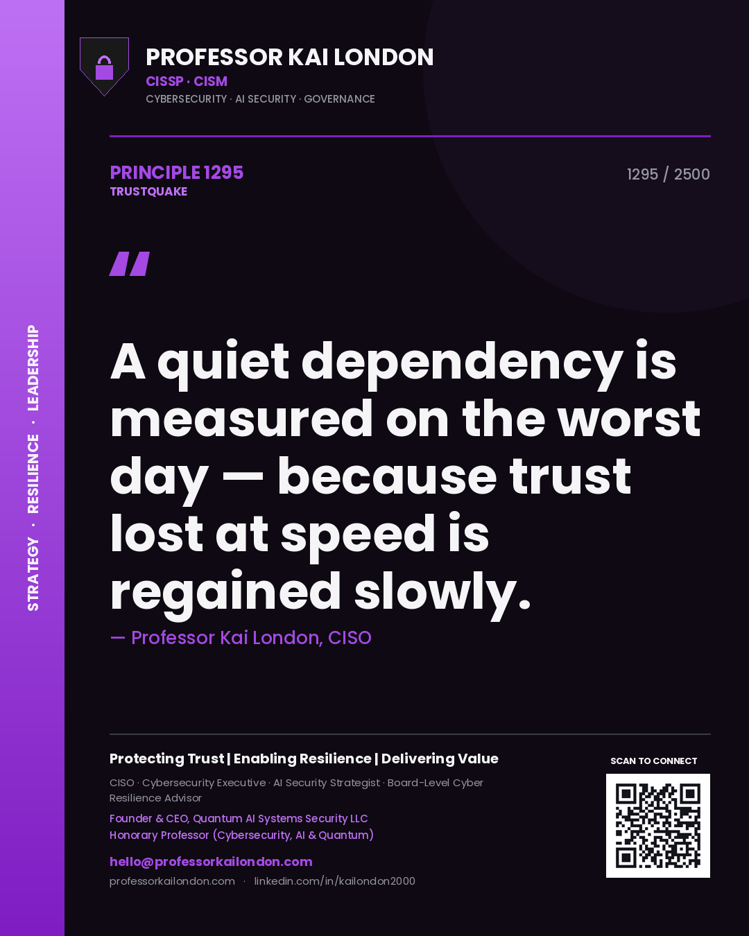 Quote card by Professor Kai London reading 'A quiet dependency is measured on the worst day — because trust lost at speed is regained slowly.'. From the book Trustquake.