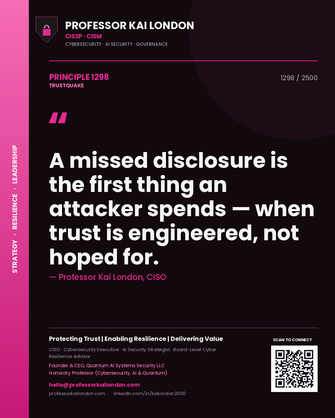 Quote card by Professor Kai London reading 'A missed disclosure is the first thing an attacker spends — when trust is engineered, not hoped for.'. From the book Trustquake.