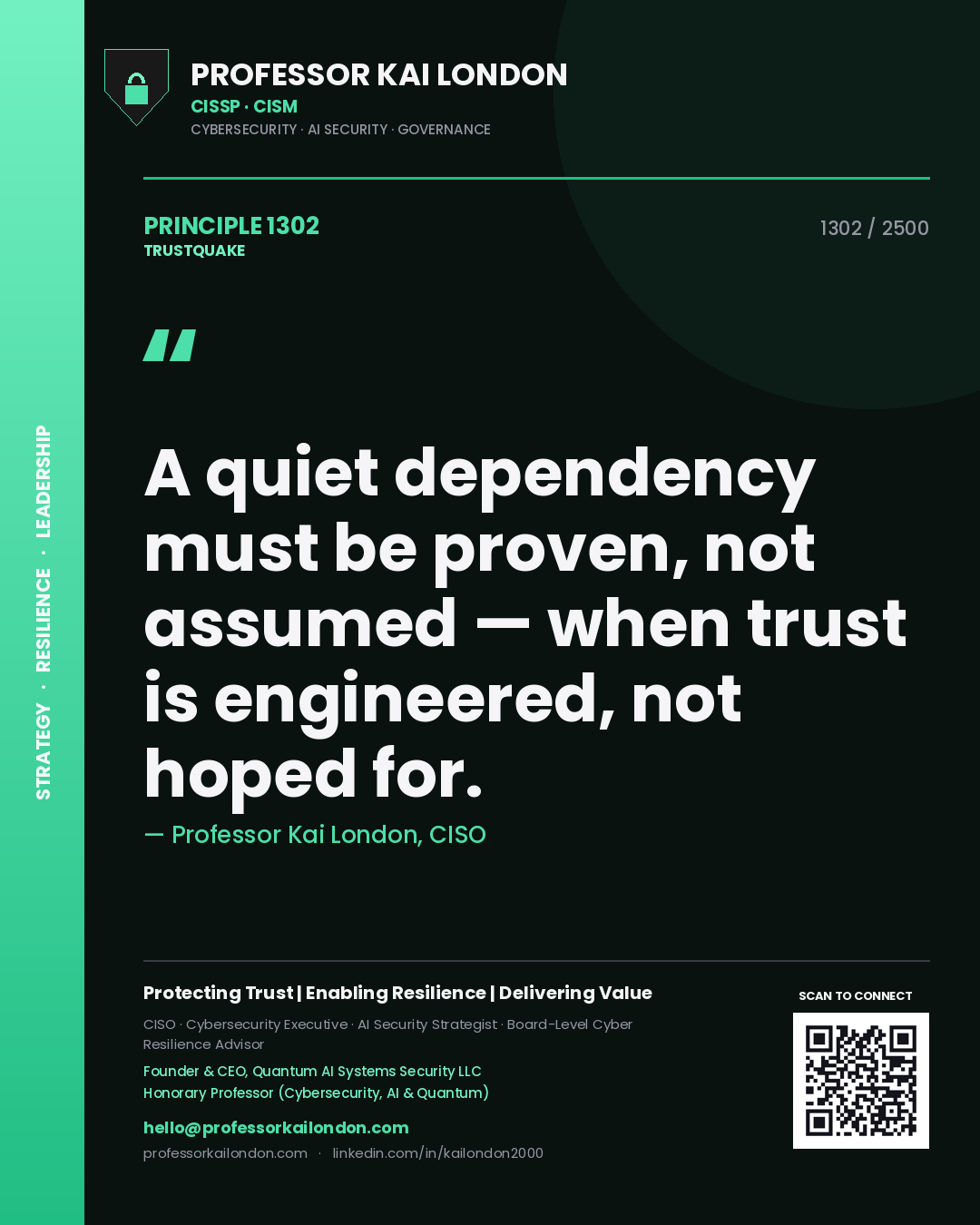 Quote card by Professor Kai London reading 'A quiet dependency must be proven, not assumed — when trust is engineered, not hoped for.'. From the book Trustquake.