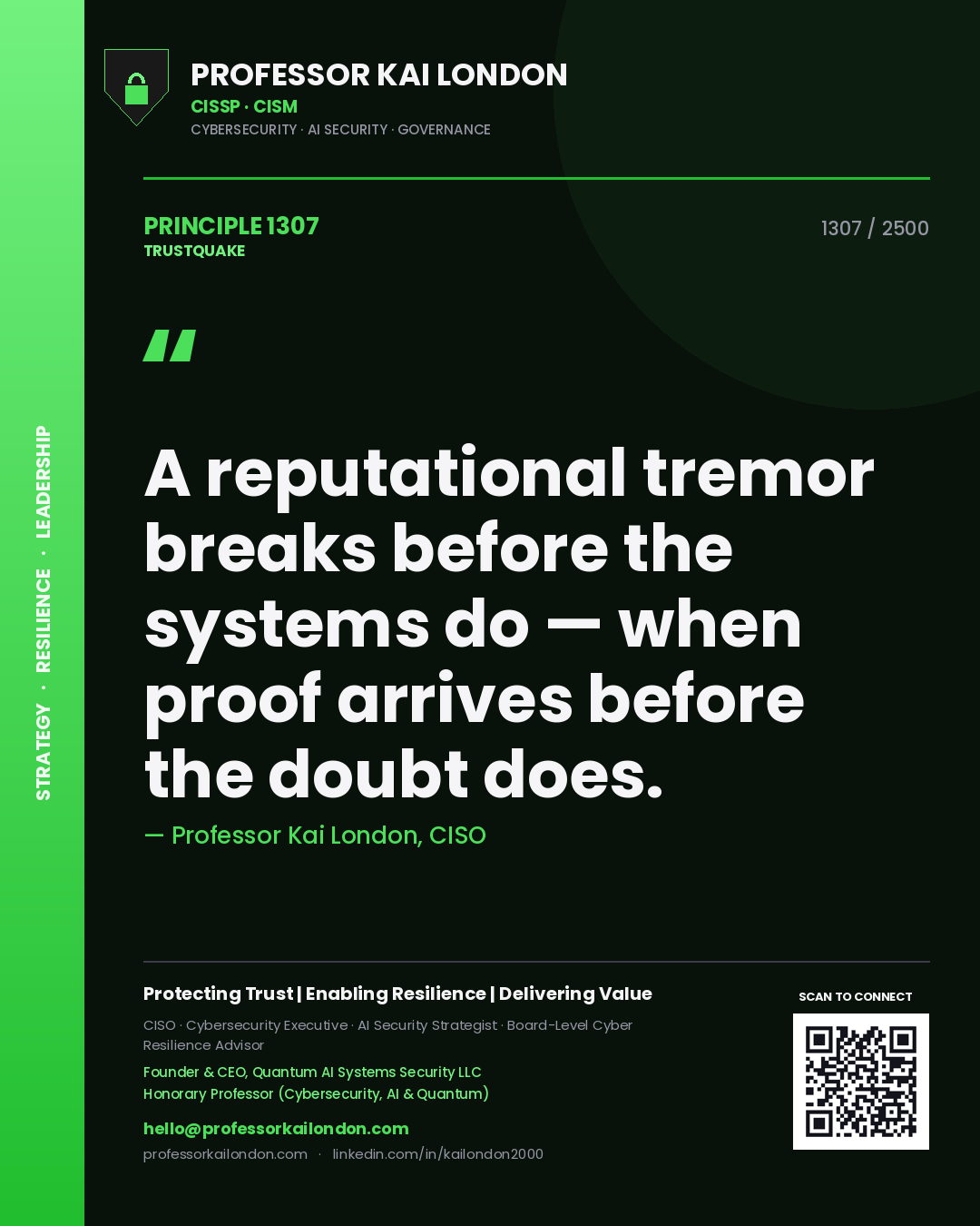 Quote card by Professor Kai London reading 'A reputational tremor breaks before the systems do — when proof arrives before the doubt does.'. From the book Trustquake.
