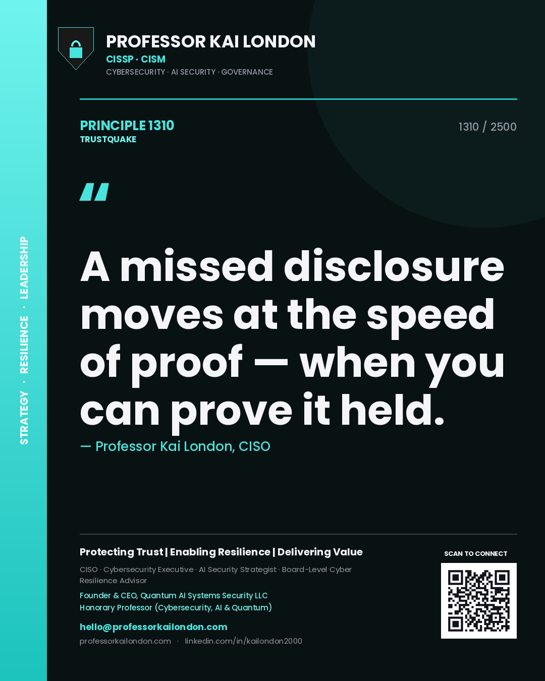 Quote card by Professor Kai London reading 'A missed disclosure moves at the speed of proof — when you can prove it held.'. From the book Trustquake.
