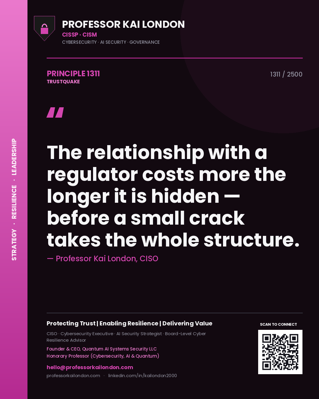 Quote card by Professor Kai London reading 'The relationship with a regulator costs more the longer it is hidden — before a small crack takes the whole structure.'. From the book Trustquake.