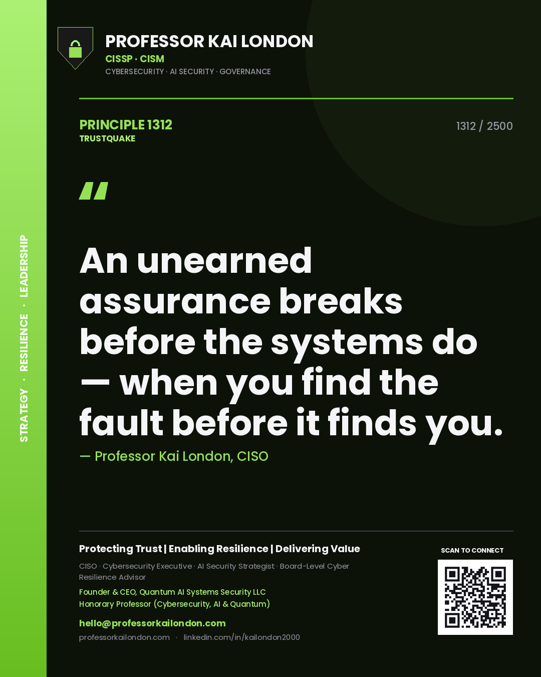 Quote card by Professor Kai London reading 'An unearned assurance breaks before the systems do — when you find the fault before it finds you.'. From the book Trustquake.