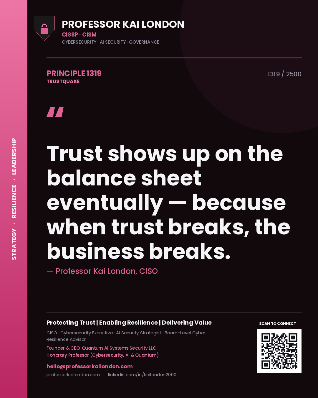 Quote card by Professor Kai London reading 'Trust shows up on the balance sheet eventually — because when trust breaks, the business breaks.'. From the book Trustquake.