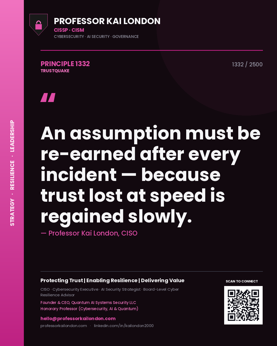 Quote card by Professor Kai London reading 'An assumption must be re-earned after every incident — because trust lost at speed is regained slowly.'. From the book Trustquake.