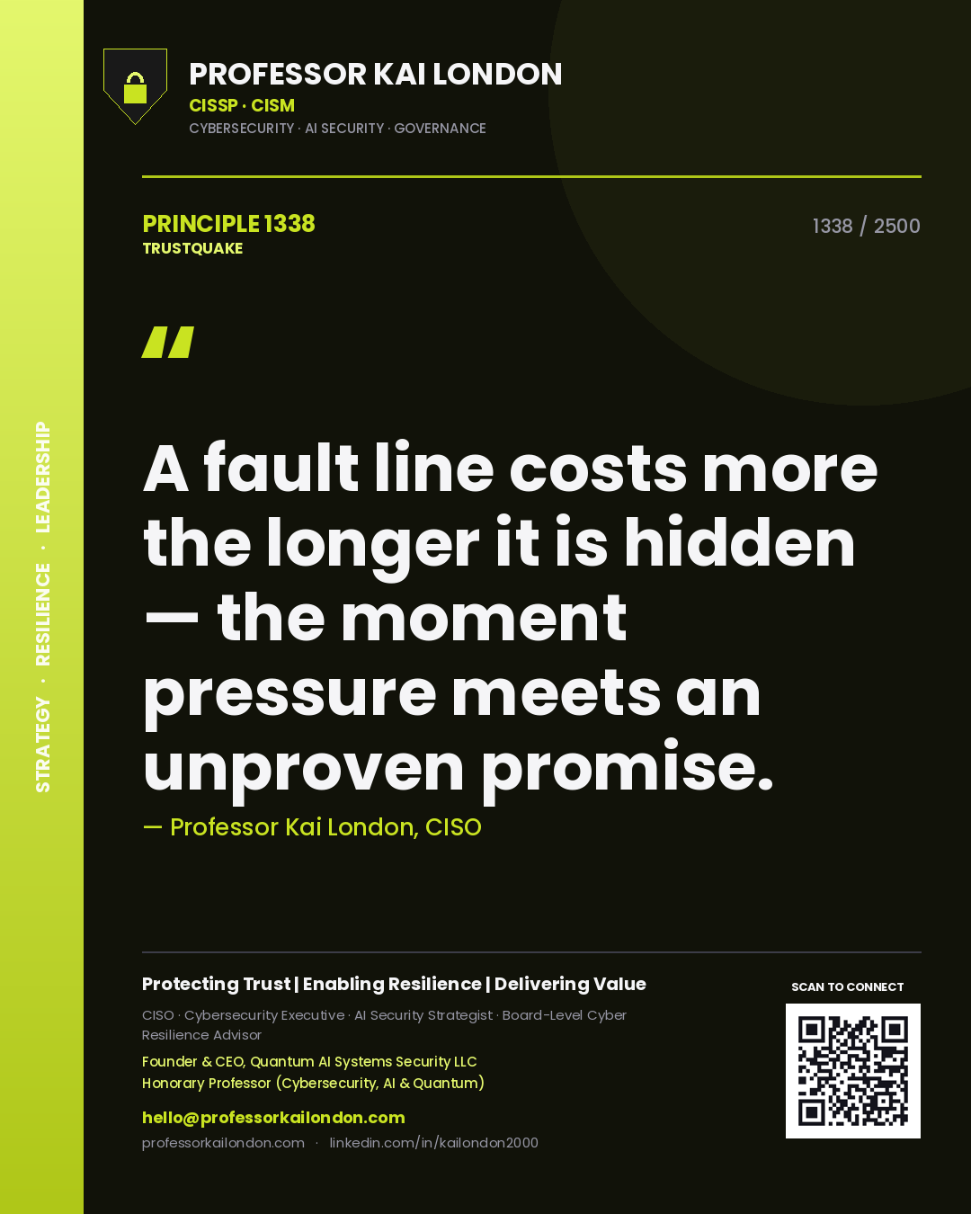 Quote card by Professor Kai London reading 'A fault line costs more the longer it is hidden — the moment pressure meets an unproven promise.'. From the book Trustquake.