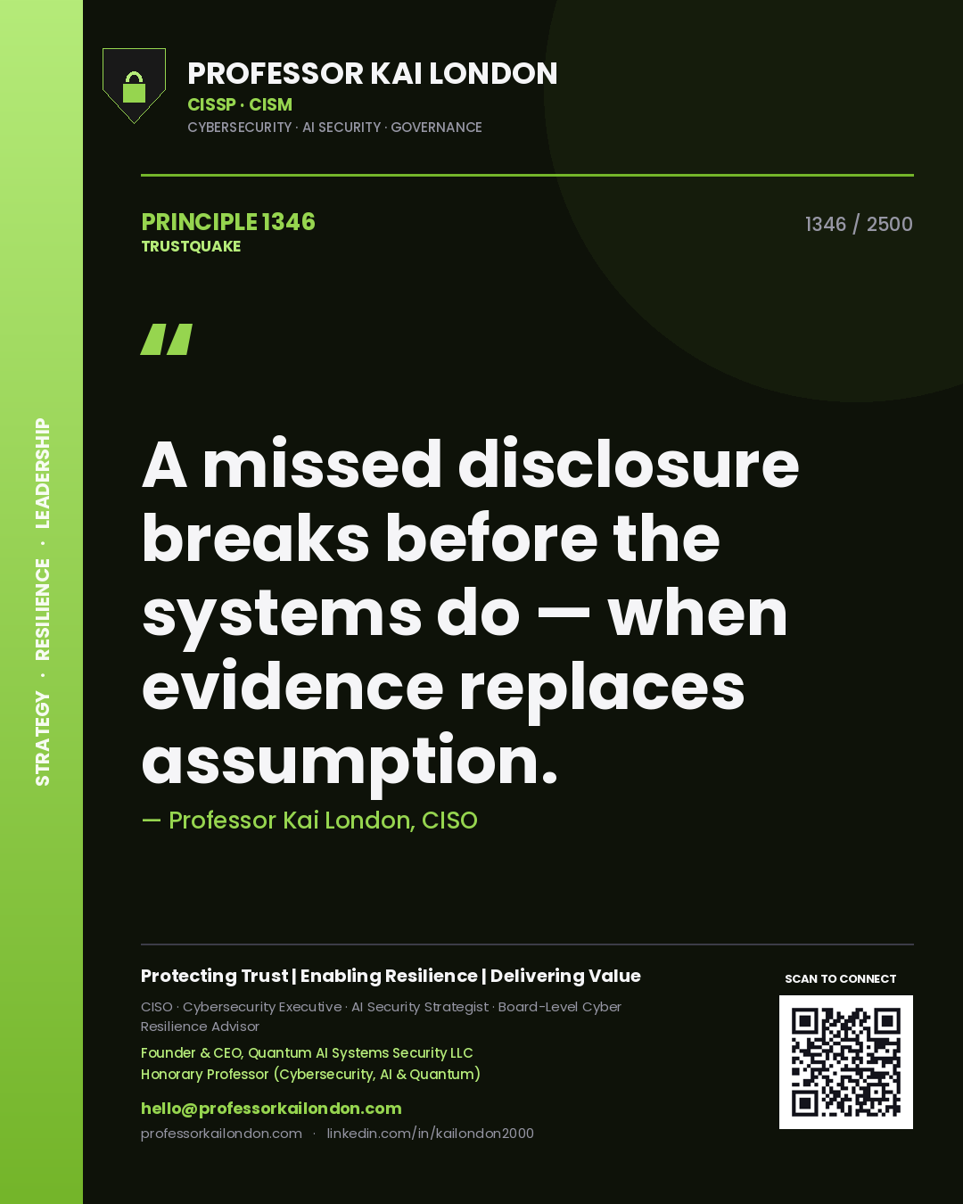 Quote card by Professor Kai London reading 'A missed disclosure breaks before the systems do — when evidence replaces assumption.'. From the book Trustquake.