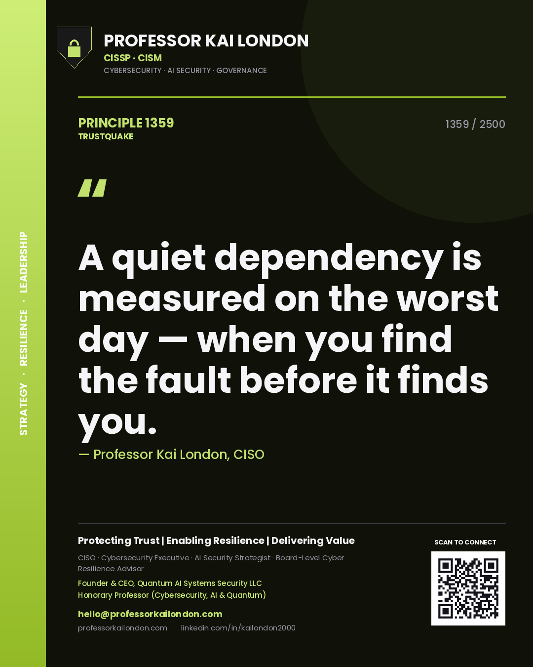 Quote card by Professor Kai London reading 'A quiet dependency is measured on the worst day — when you find the fault before it finds you.'. From the book Trustquake.