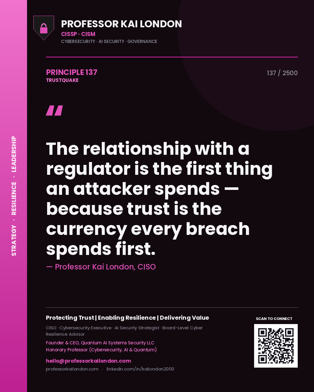 Quote card by Professor Kai London reading 'The relationship with a regulator is the first thing an attacker spends — because trust is the currency every breach spends first.'. From the book Trustquake.
