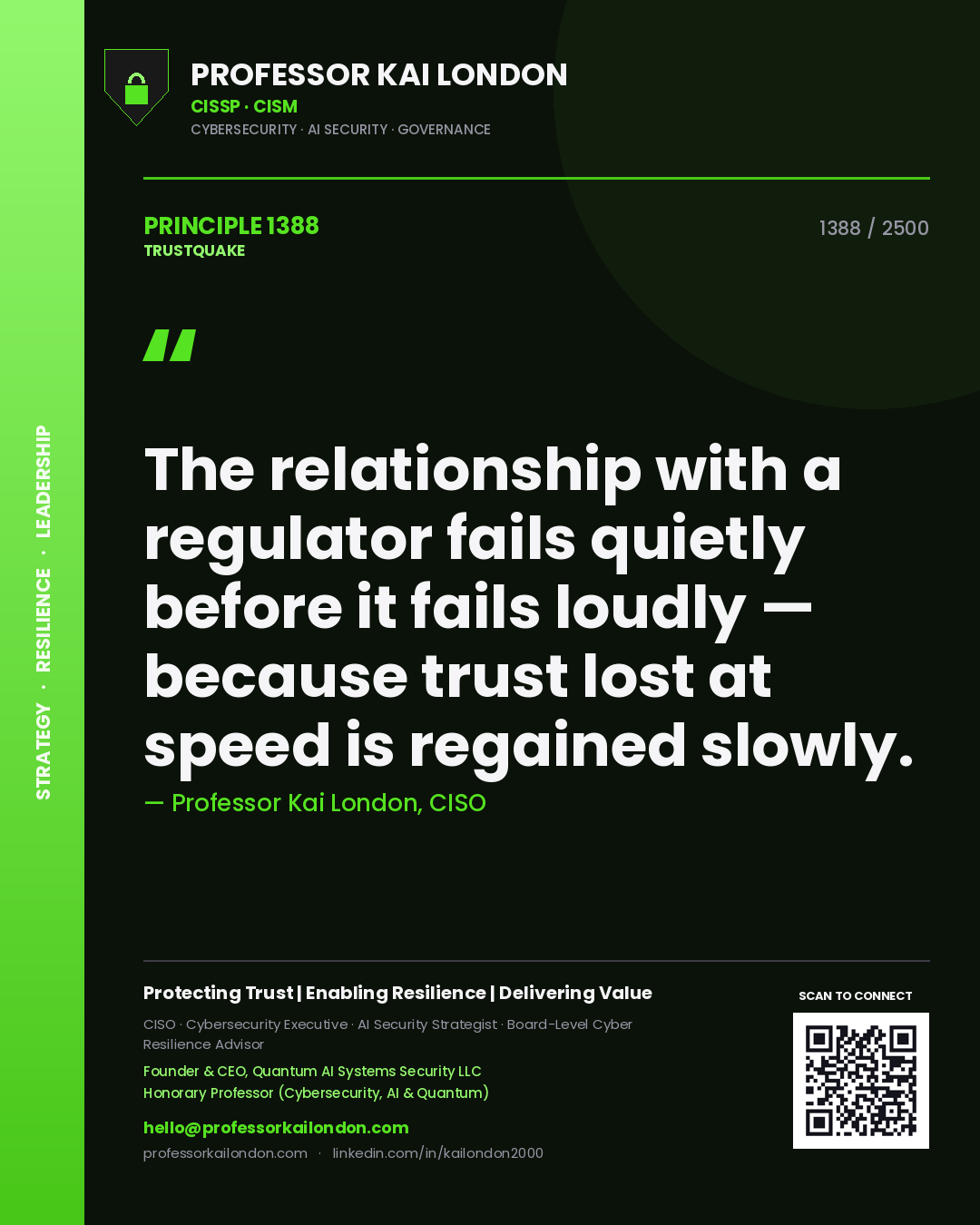 Professor Kai London principle 1388: The relationship with a regulator fails quietly before it fails loudly — because trust lost at speed is regained slowly.