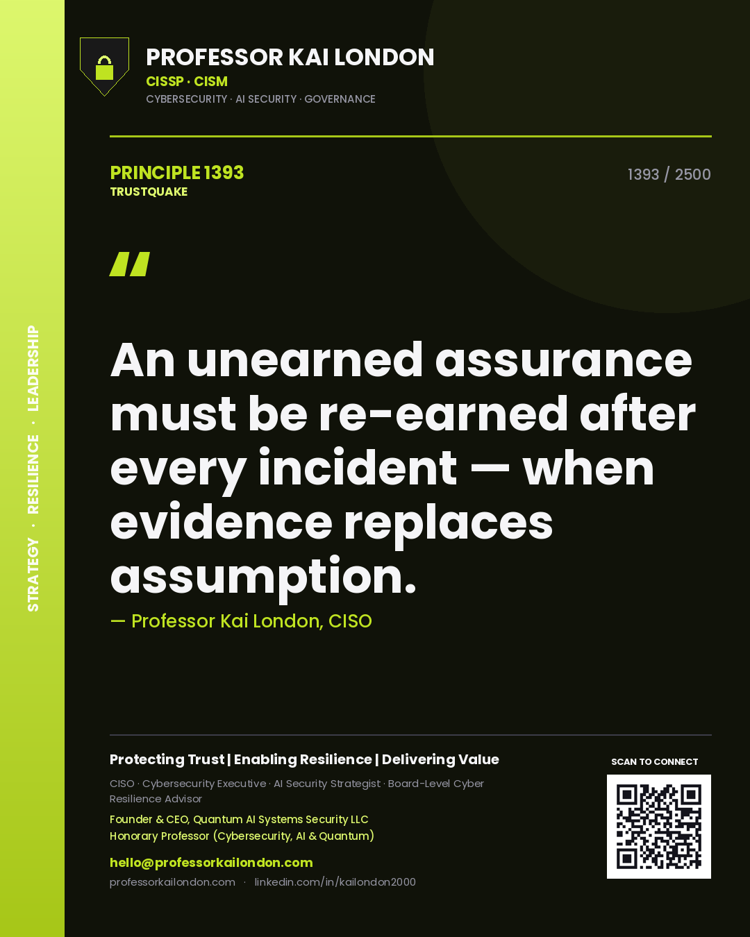 Professor Kai London principle 1393: An unearned assurance must be re-earned after every incident — when evidence replaces assumption.