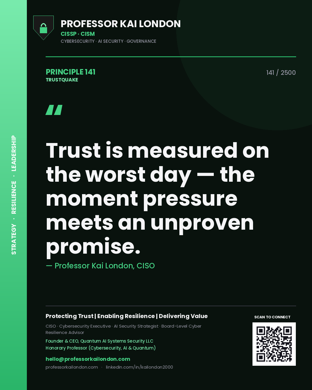 Quote card by Professor Kai London reading 'Trust is measured on the worst day — the moment pressure meets an unproven promise.'. From the book Trustquake.