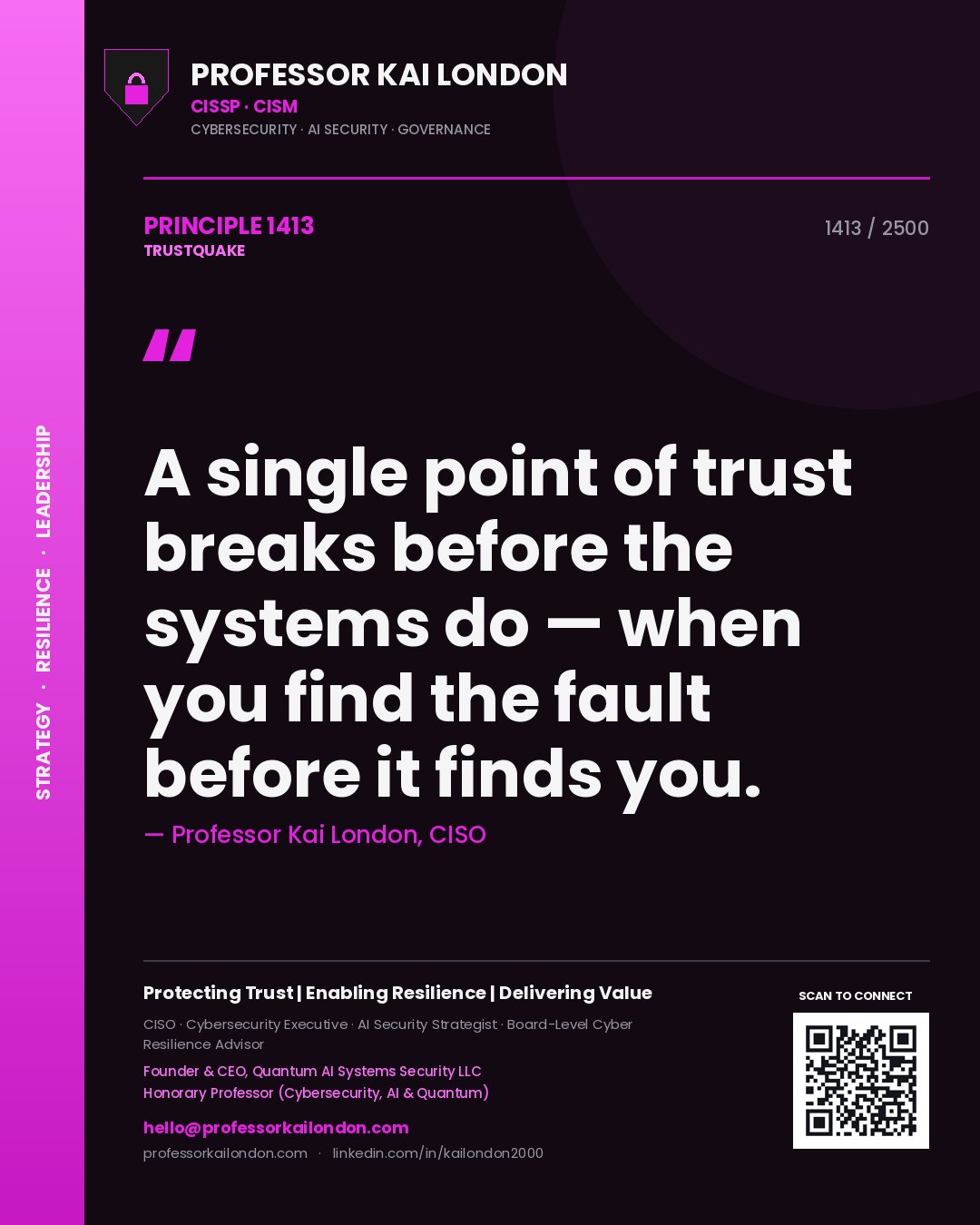Quote card by Professor Kai London reading 'A single point of trust breaks before the systems do — when you find the fault before it finds you.'. From the book Trustquake.