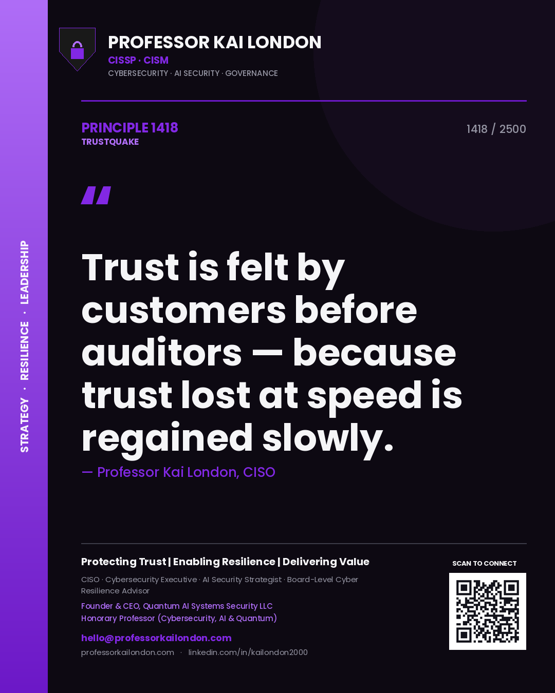 Professor Kai London principle 1418: Trust is felt by customers before auditors — because trust lost at speed is regained slowly.