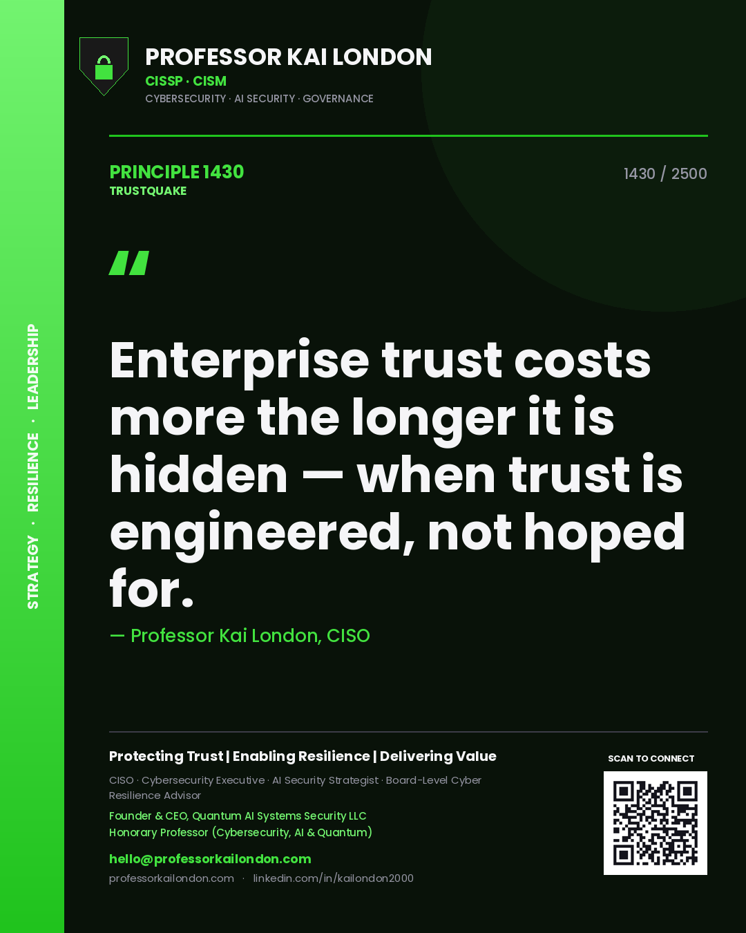 Professor Kai London principle 1430: Enterprise trust costs more the longer it is hidden — when trust is engineered, not hoped for.