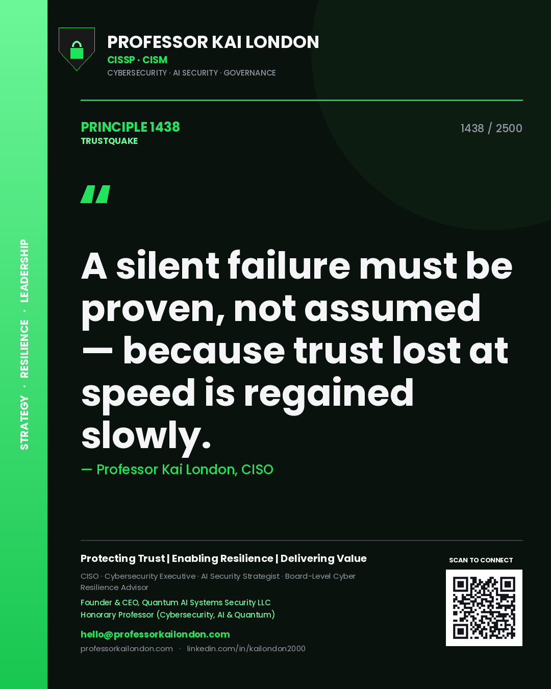 Professor Kai London principle 1438: A silent failure must be proven, not assumed — because trust lost at speed is regained slowly.
