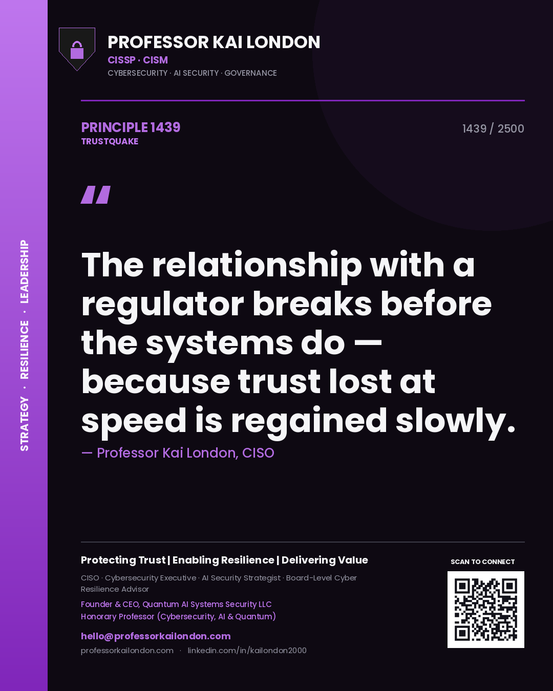 Quote card by Professor Kai London reading 'The relationship with a regulator breaks before the systems do — because trust lost at speed is regained slowly.'. From the book Trustquake.