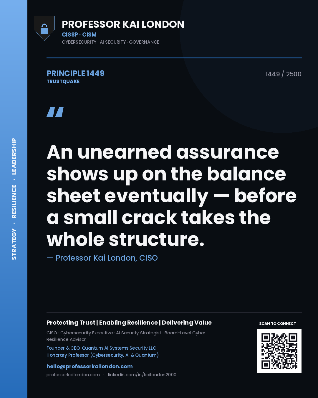Quote card by Professor Kai London reading 'An unearned assurance shows up on the balance sheet eventually — before a small crack takes the whole structure.'. From the book Trustquake.