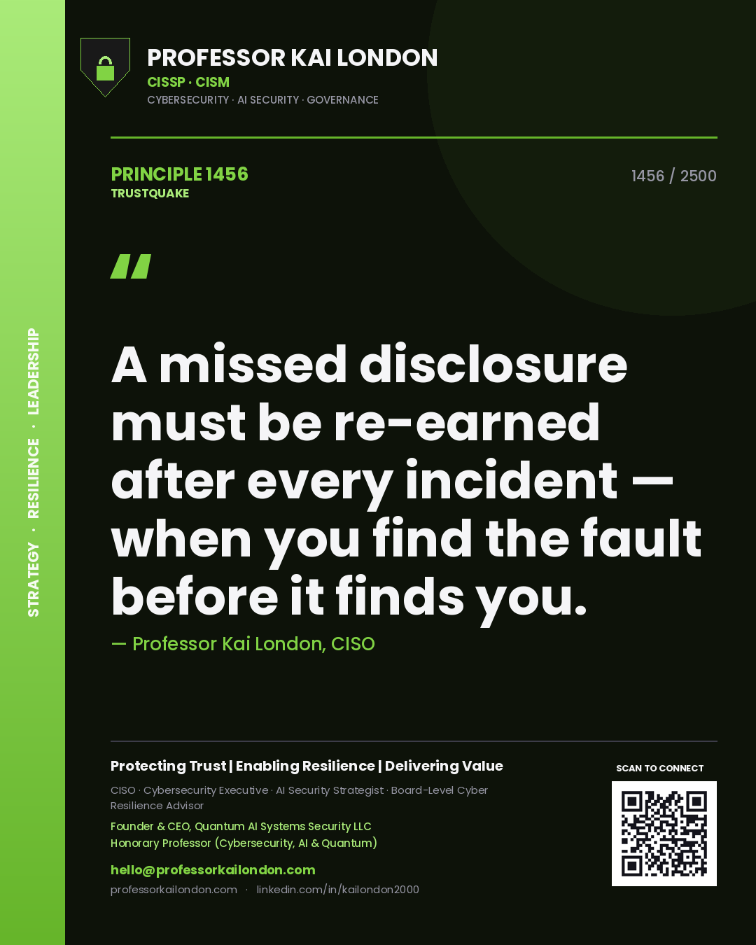 Professor Kai London principle 1456: A missed disclosure must be re-earned after every incident — when you find the fault before it finds you.