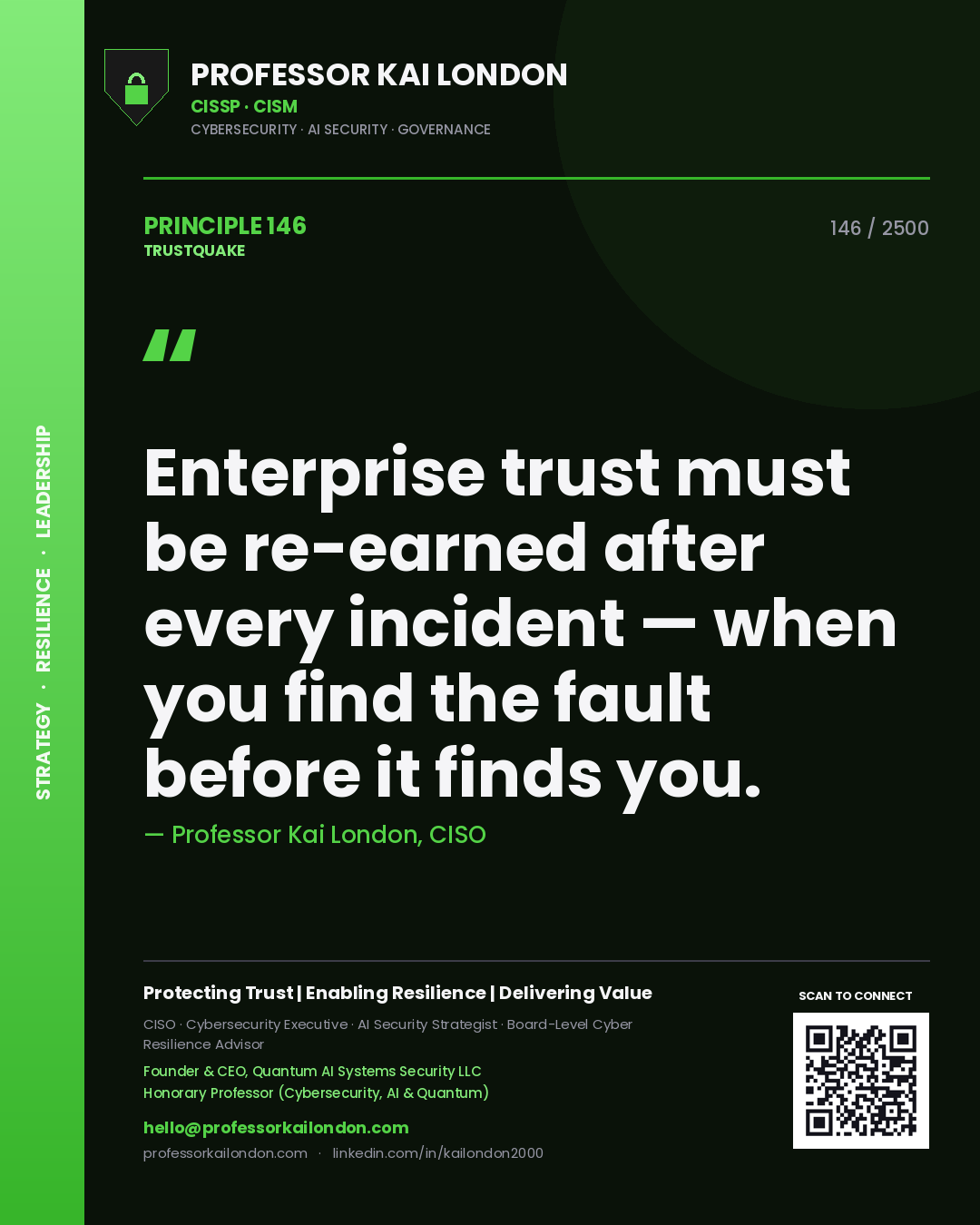 Professor Kai London principle 146: Enterprise trust must be re-earned after every incident — when you find the fault before it finds you.