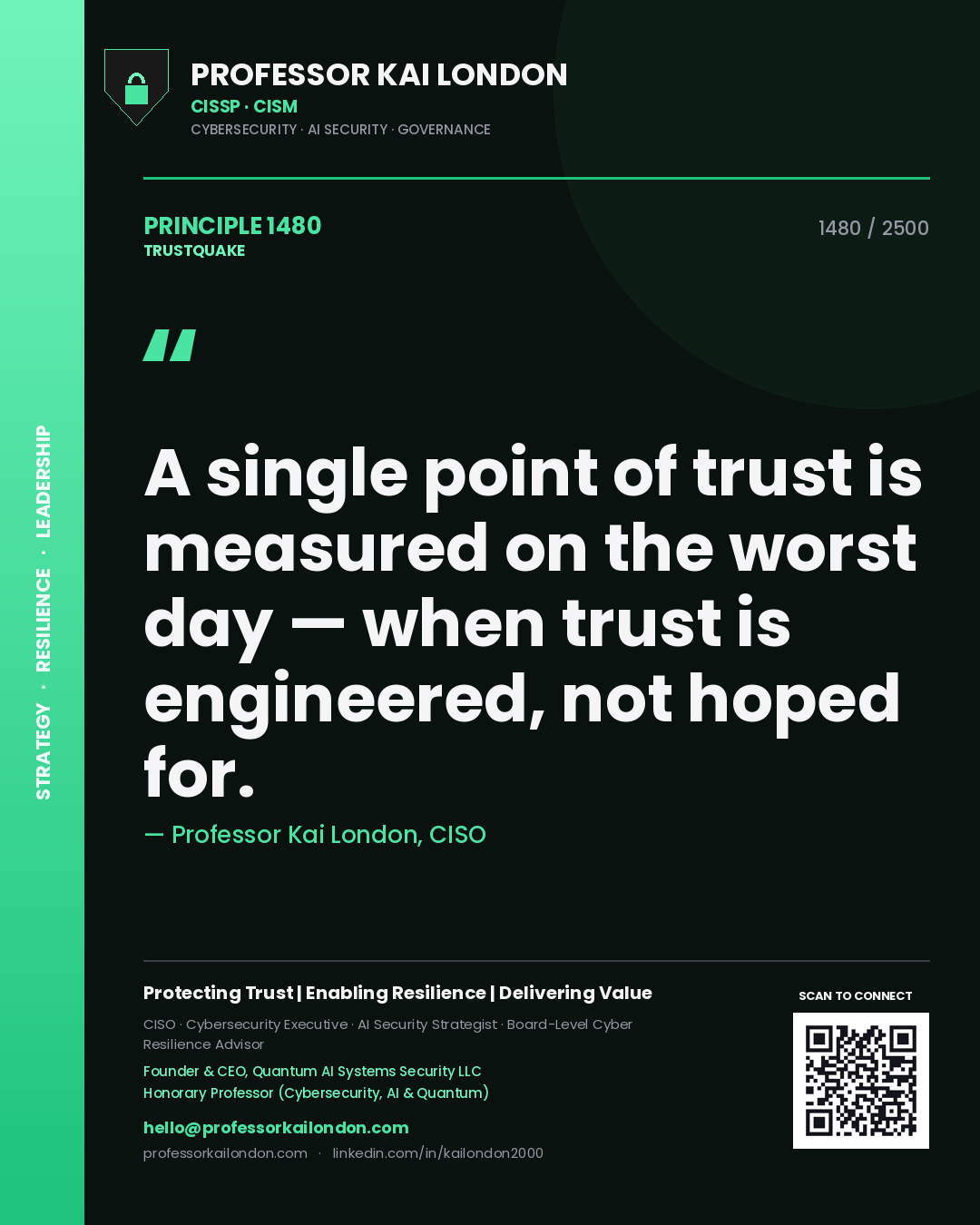Quote card by Professor Kai London reading 'A single point of trust is measured on the worst day — when trust is engineered, not hoped for.'. From the book Trustquake.